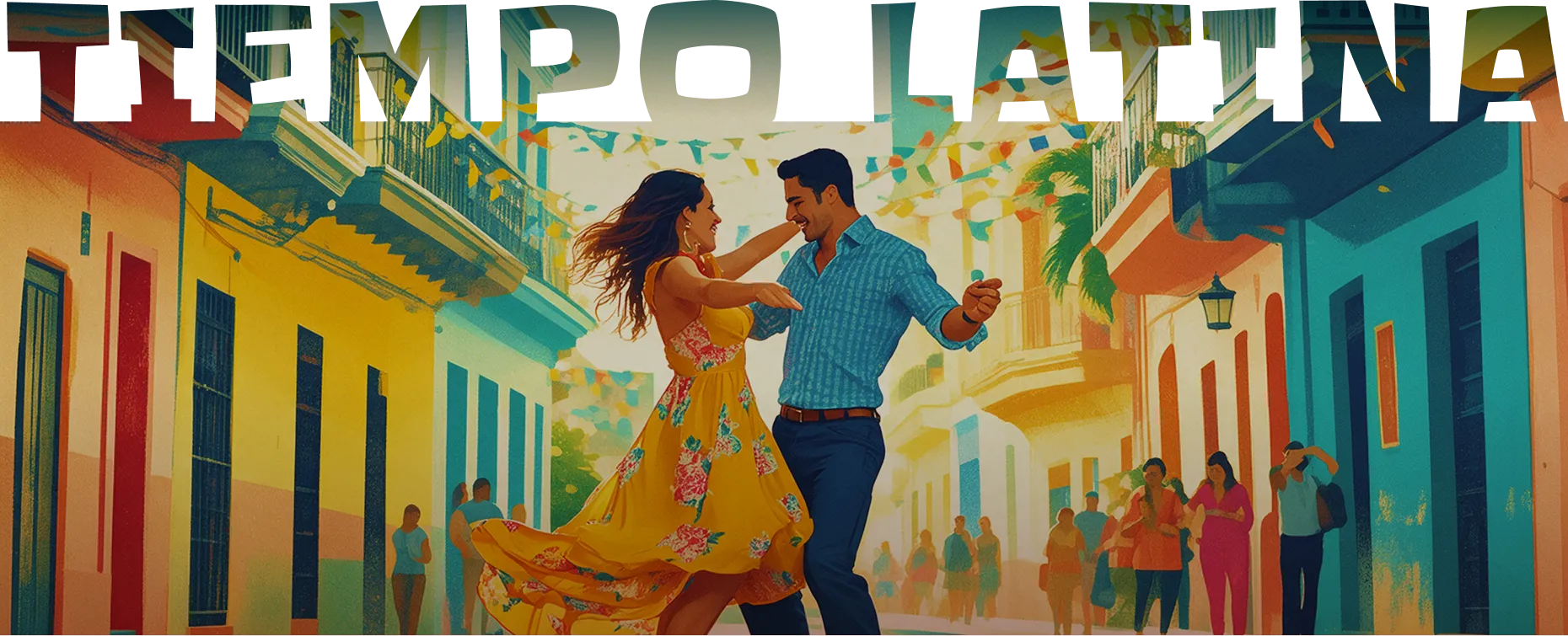 Couple dansant salsa dans une rue colorée et festive, Tiempo Latina