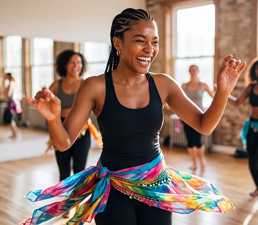 Femme souriante en cours de danse latine avec ceinture colorée en mouvement