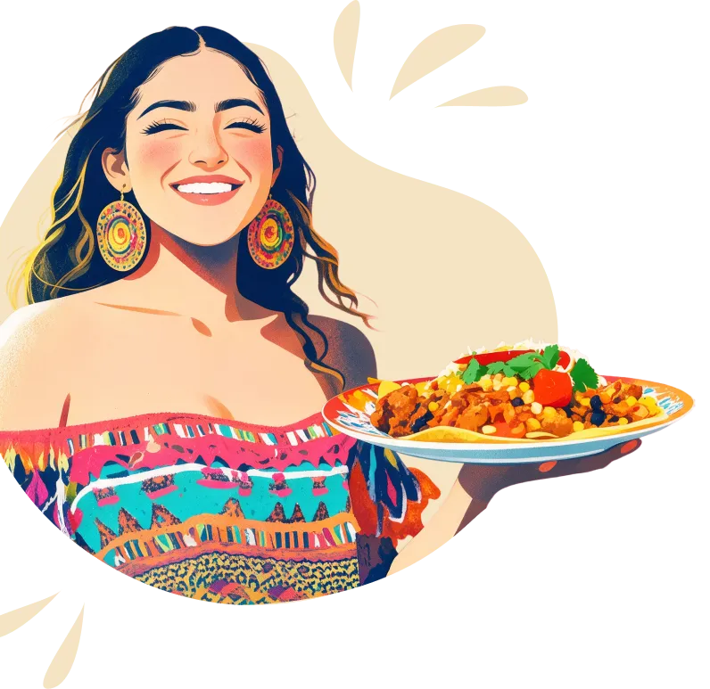 Femme souriante servant un plat coloré de cuisine latino-caribéenne