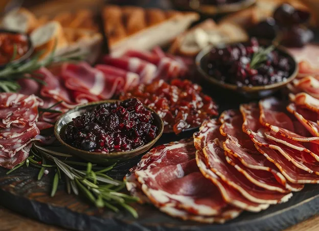 Assortiment de charcuterie latine avec compotes fruitées sur planche en bois rustique