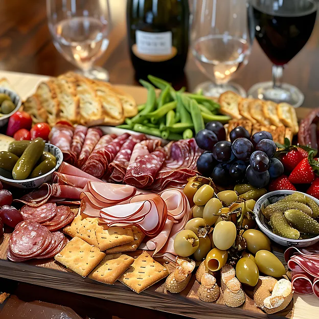Plateau apéro latino : charcuterie, fruits, olives, crackers et boissons