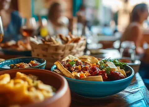 Plats latins servis en terrasse, nachos et assiettes colorées