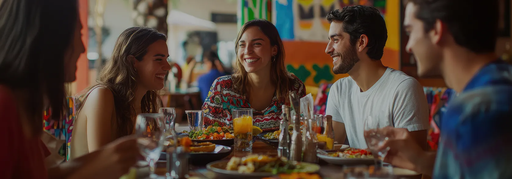 Trois amis souriants partageant un repas convivial dans un restaurant latino festif